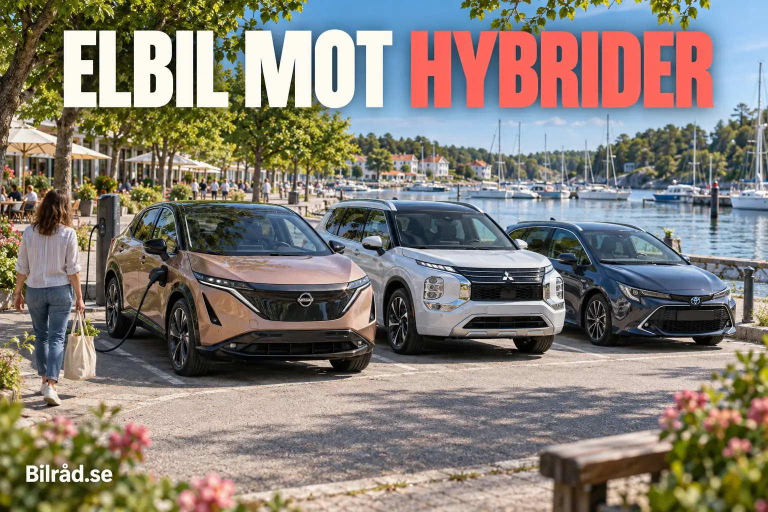 En elbil som laddas bredvid en laddhybrid och en elhybrid vid en solig marina.