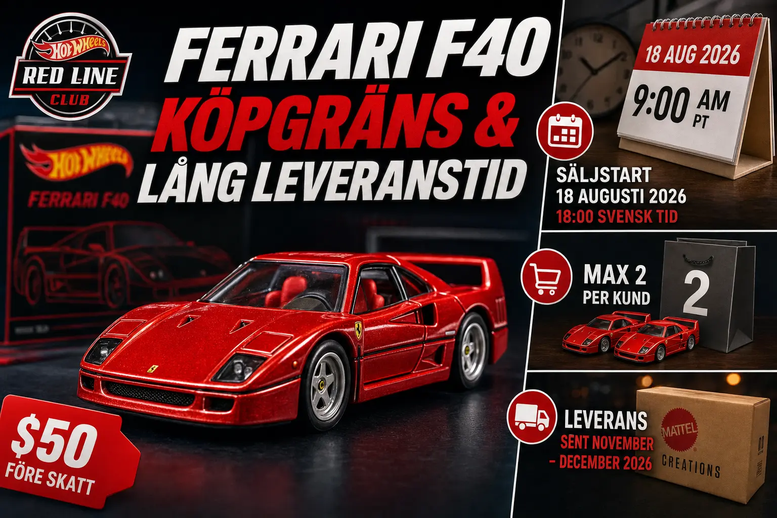 Hot Wheels Ferrari F40 får köpgräns och flera månaders leveranstid