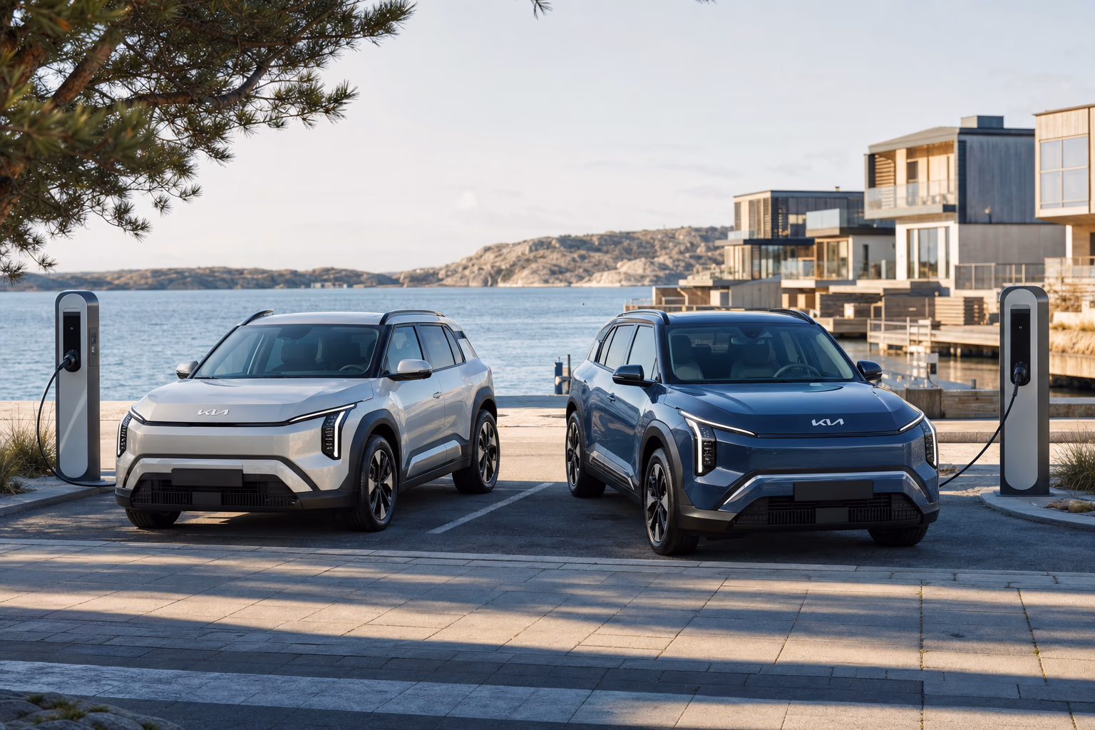Kia EV3 och EV5 laddar vid en nordisk kaj under första halvåret 2026