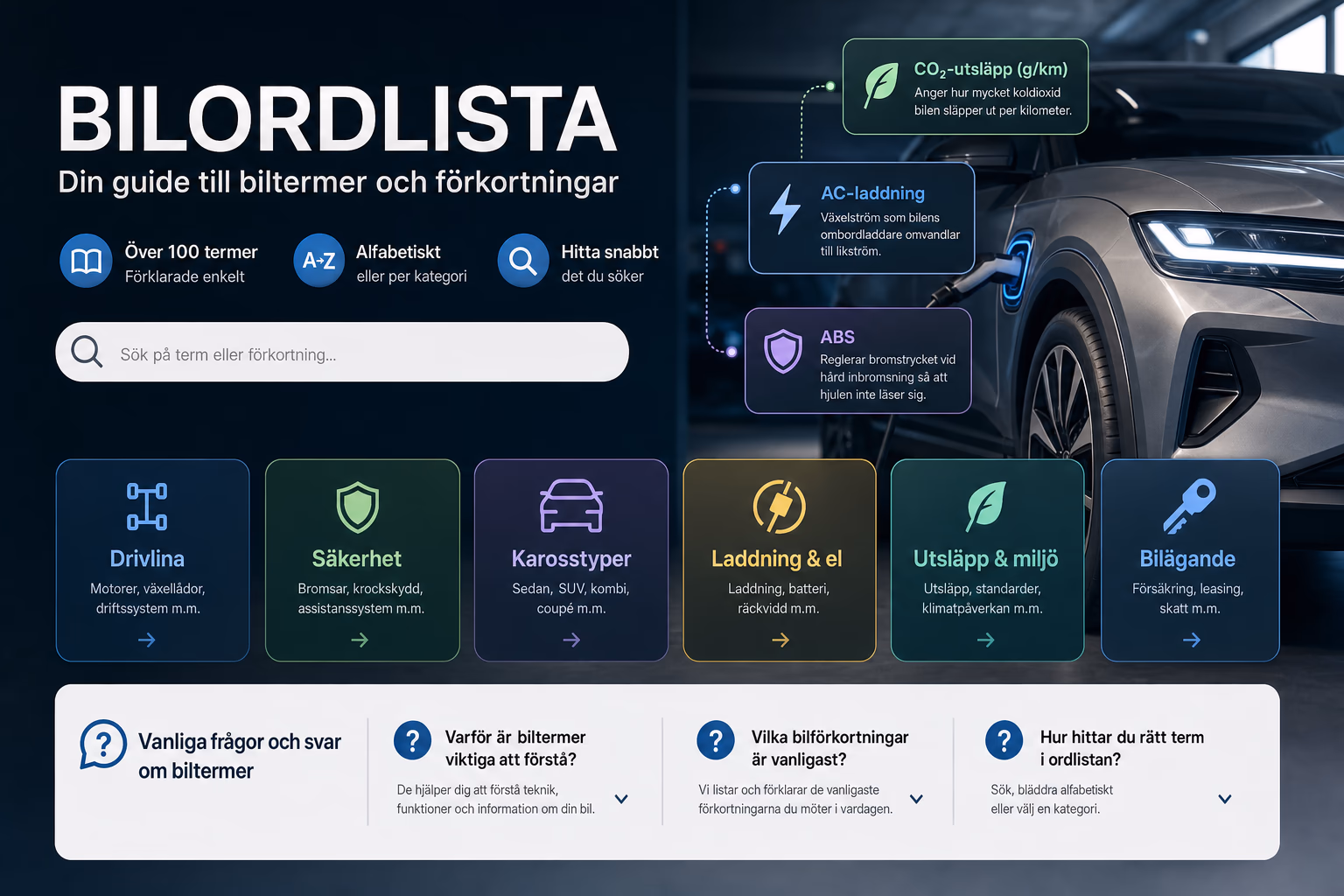 Grafik för bilordlistan med exempel på termerna CO2-utsläpp, AC-laddning och ABS