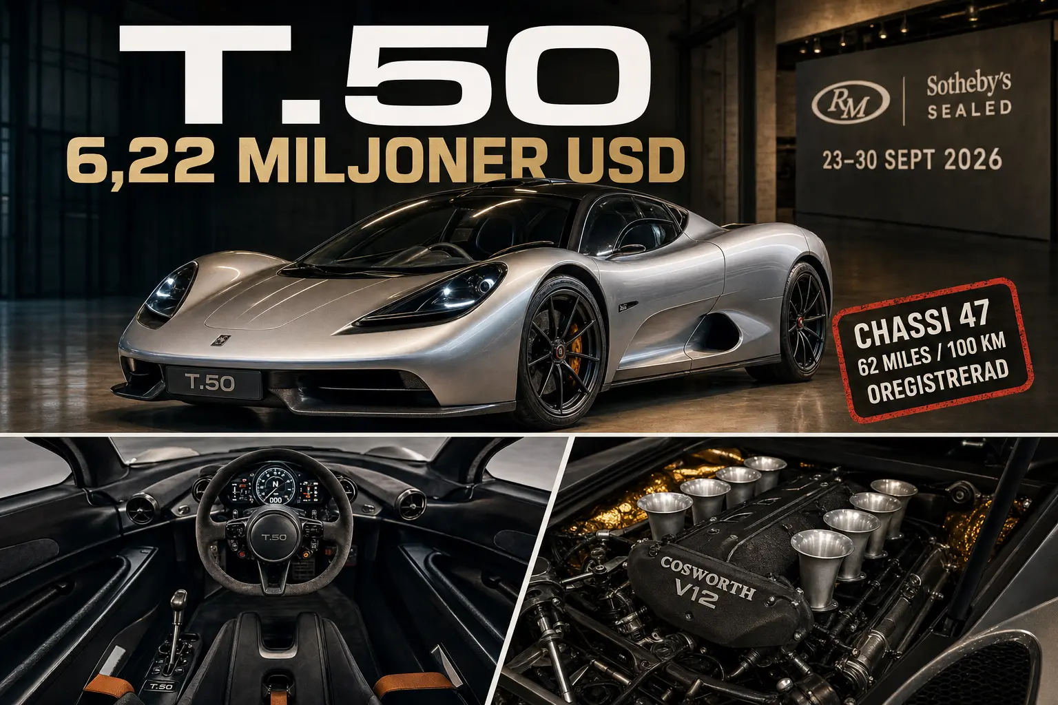 Gordon Murray T.50 med 100 kilometer på mätaren värderas till 6,22 miljoner dollar