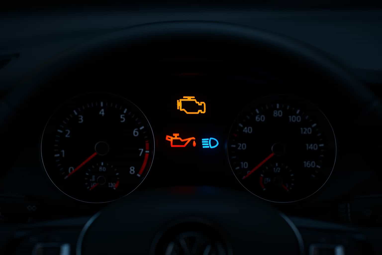 Närbild på en modern bils instrumentpanel där flera varningslampor lyser, inklusive motorlampan och oljetryckslampan.
