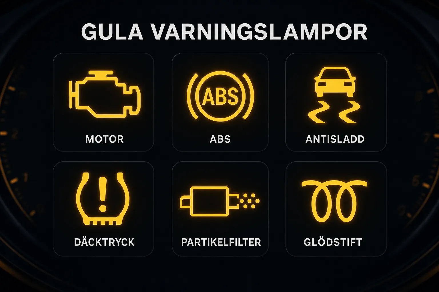De sex vanligaste gula varningslamporna: motor, ABS, antisladd, däcktryck, partikelfilter och glödstift.