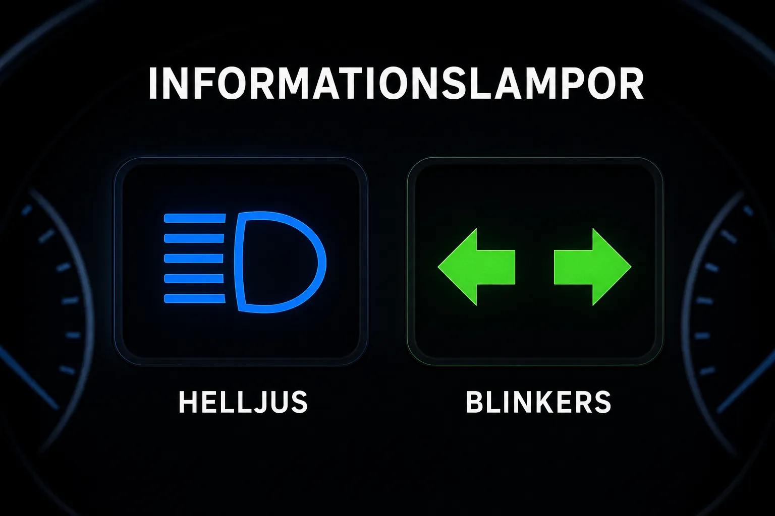 Informationslampor: blå helljuslampa och gröna blinkerspilar.