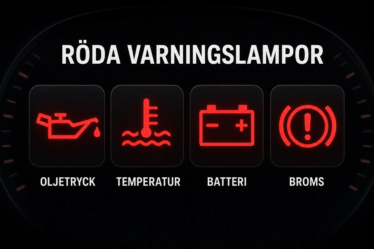 De fyra vanligaste röda varningslamporna: oljetryck, temperatur, batteri och broms.